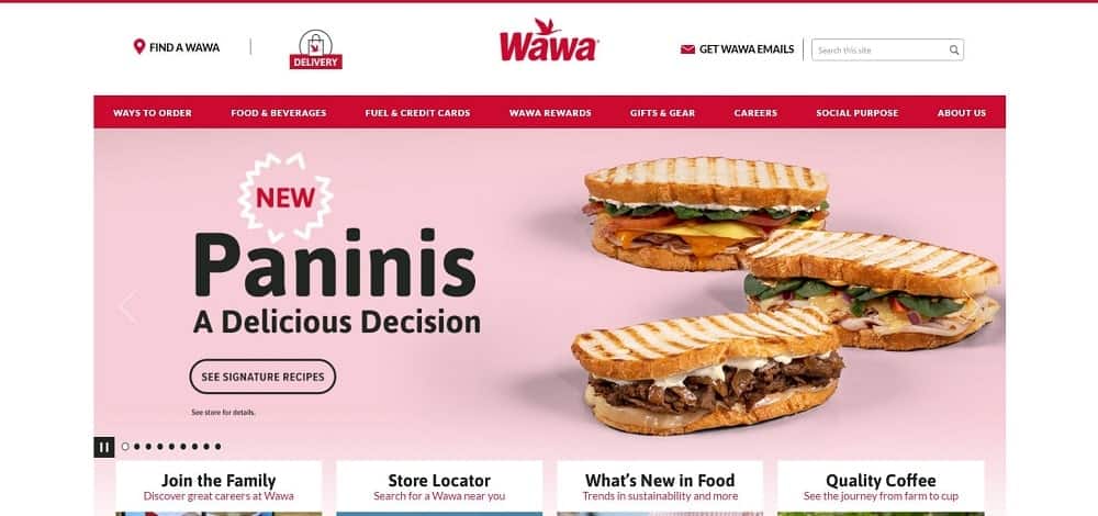 This is a screenshot of the Wawa website.